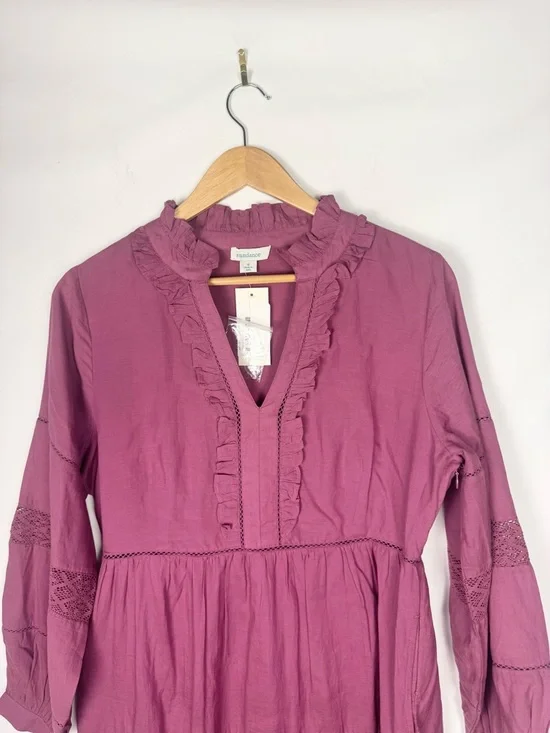 Sundance Ruffled Boho Cottage Style V-Neck Long-Sleeve Dress in Plum Mauve Sz S - Picture 3 of 10